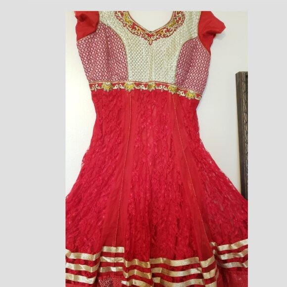Ethnic Indian Wear Dresses & Skirts - Beautiful Red and Gold Anarkali Size Large Indian Outfit